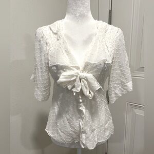 Nanette Lepore Swiss Dot White Blouse with Bow Detail